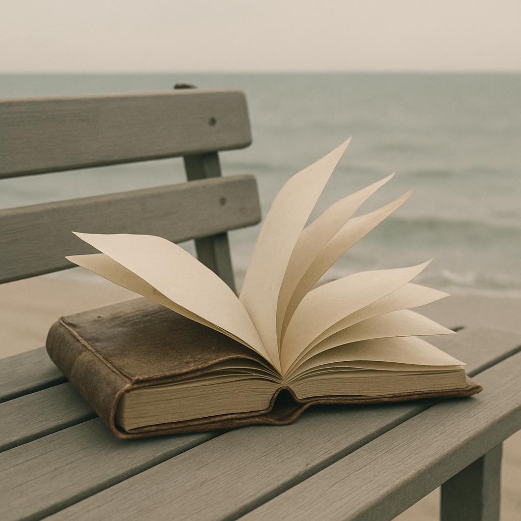 oute Bourne journal with blank pages, laid open on a wooden bench near a body of water.