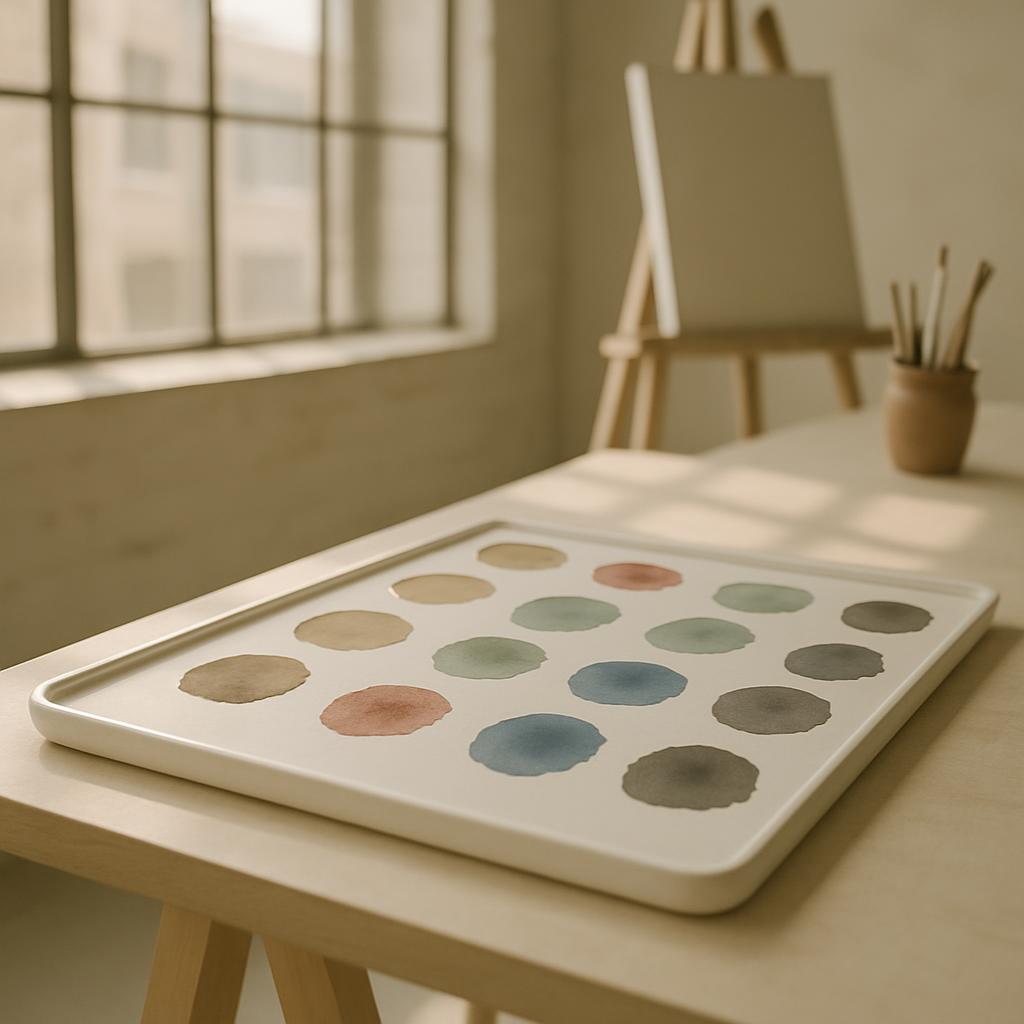 A visually striking image features a ceramic paint tray on a worktable, showcasing a diverse palette of twenty watercolor ...