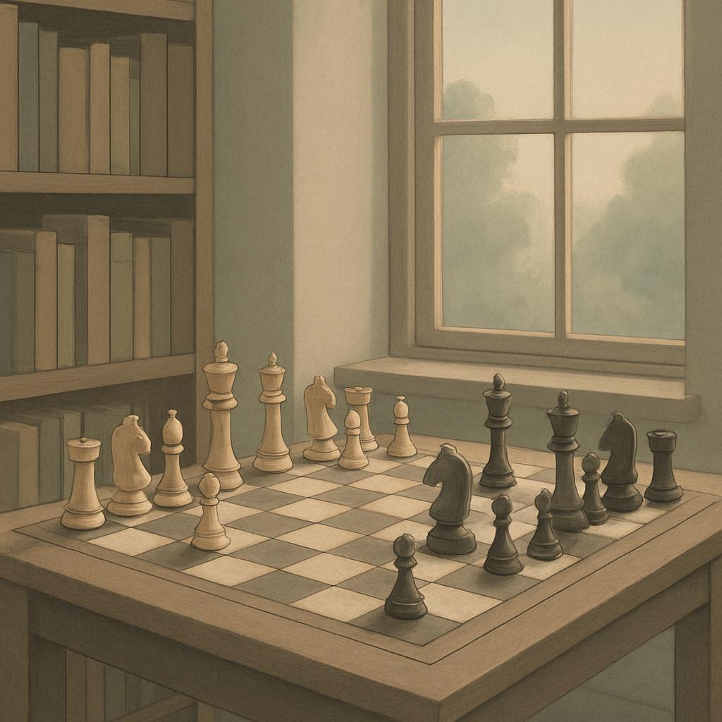 A chessboard with pieces staged on a table near a window, surrounded by bookshelves, depicted in a monochromatic painting ...