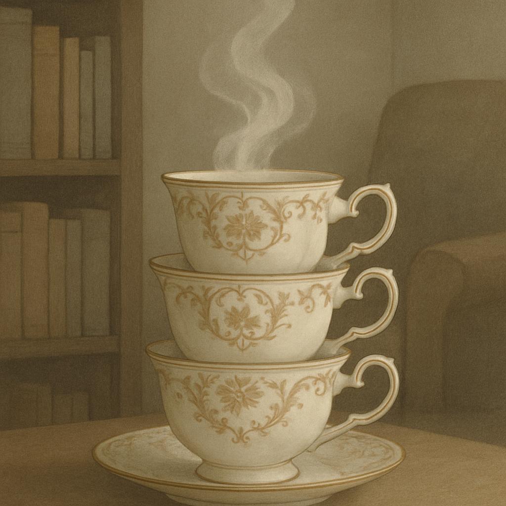 A sepia-toned image of three ornate teacups, stacked on top of one another, with steam rising from the top teacup.